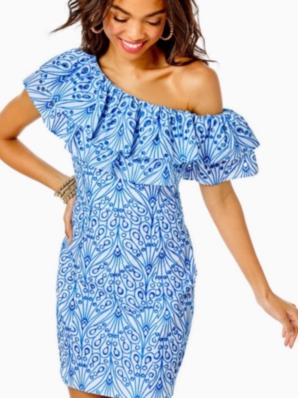 Lilly Pulitzer Blue and White Off-Shoulder Ruffle Summer Dress